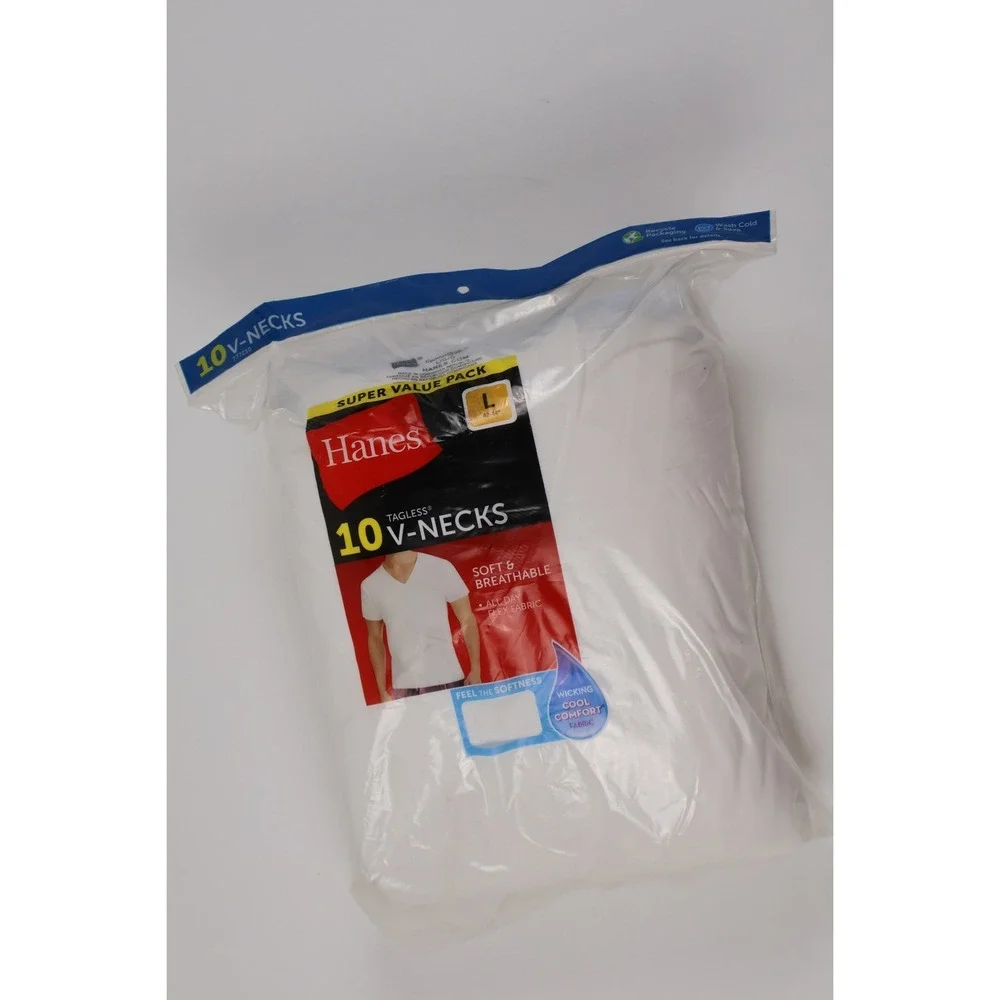Hanes V-Neck T-Shirts 10 Pack White Solid Large 100% Cotton NWT